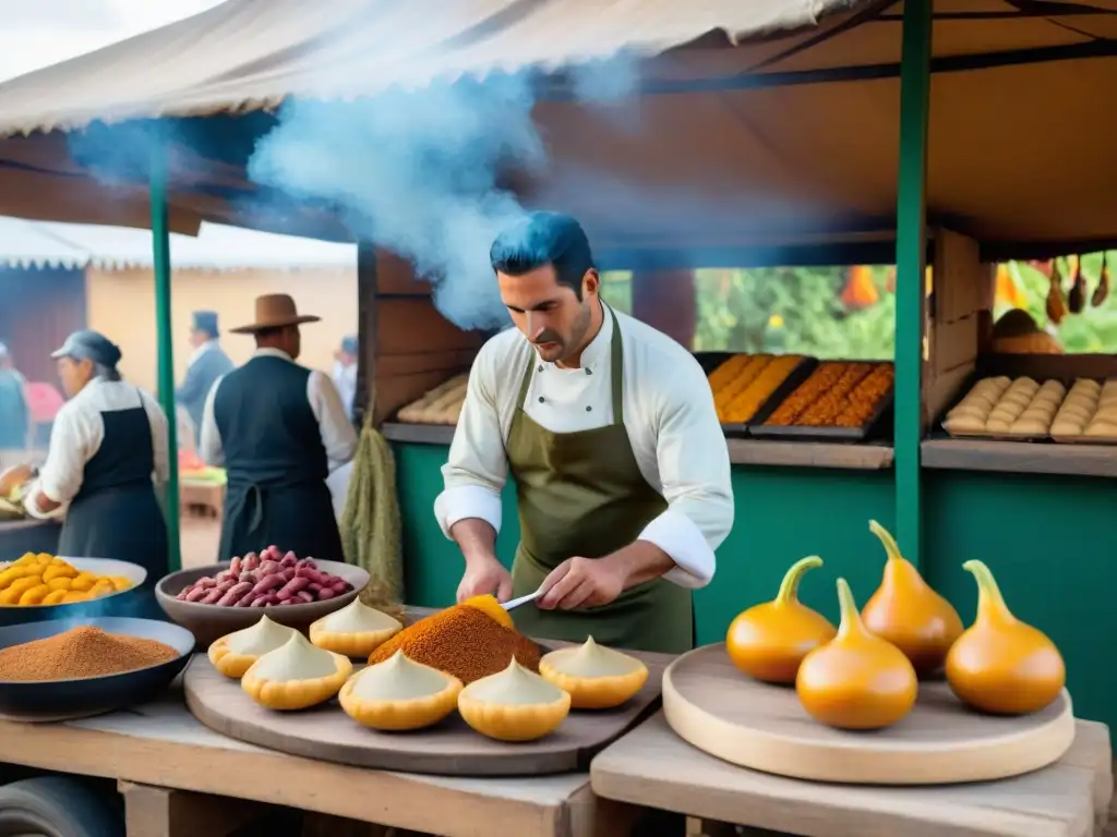 Un mercado tradicional uruguayo rebosante de colores y sabores en una escena culinaria única