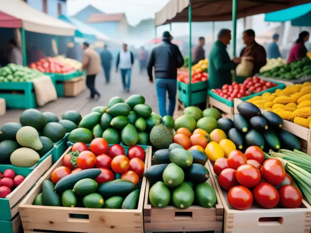 Un mercado tradicional uruguayo rebosante de vida y color con ingredientes frescos y locales en exhibición