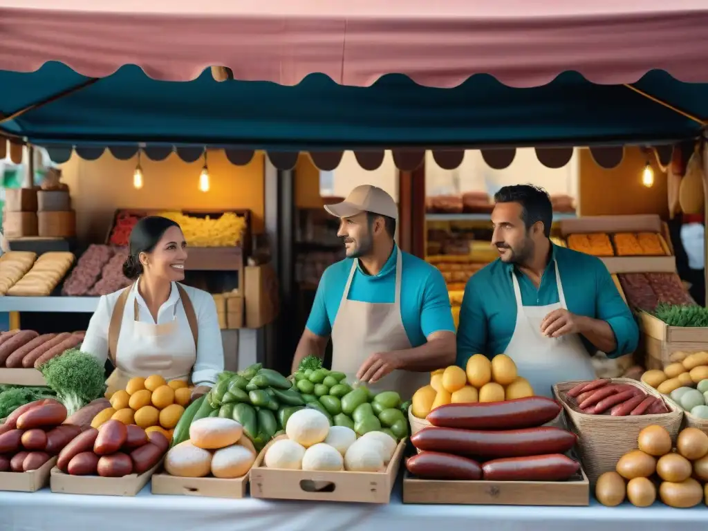 Mercado uruguayo con influencias europeas: puestos coloridos, alimentos variados y clientes disfrutando de la fusión gastronómica