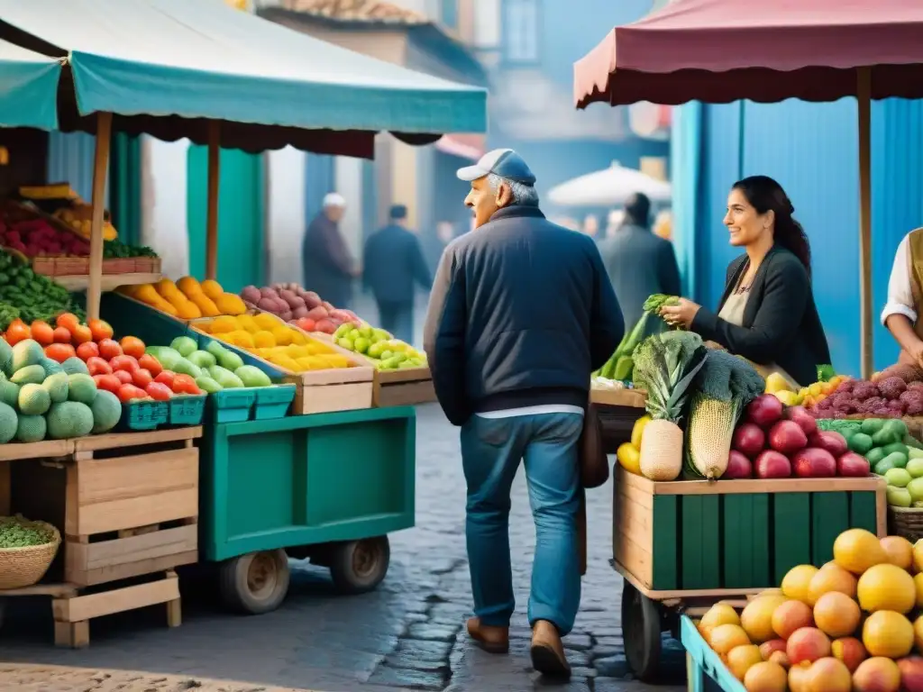 Un mercado uruguayo rebosante de vida y color, donde la comida auténtica se mezcla con la comunidad local