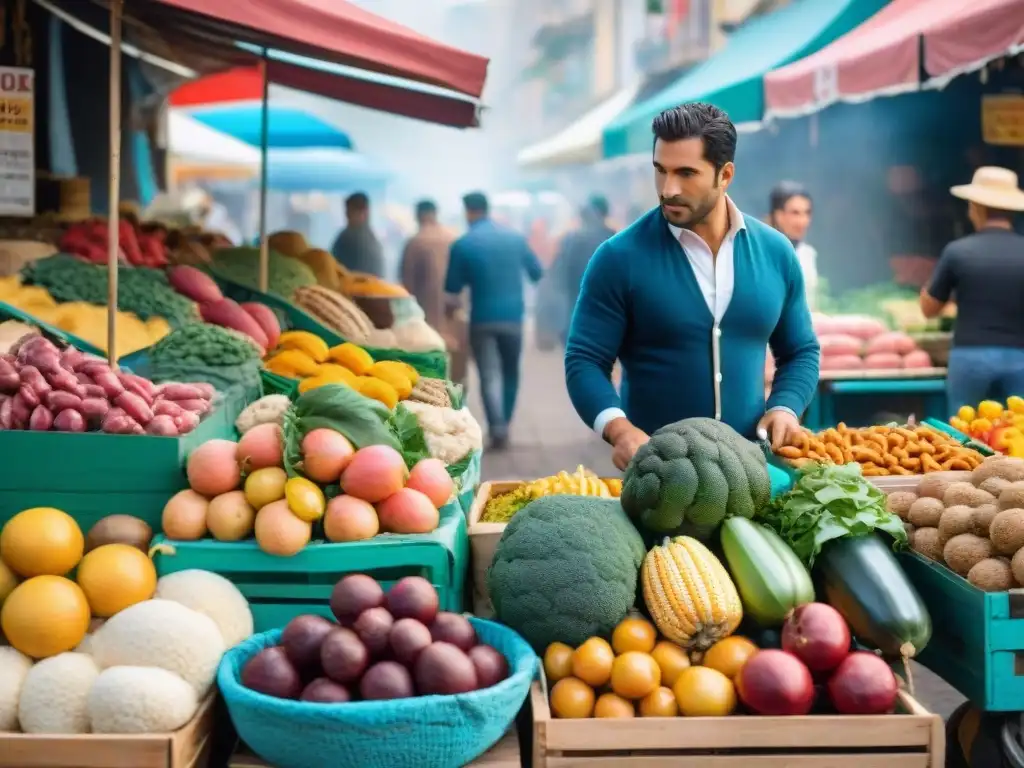 Mercado uruguayo vibrante y lleno de vida, con puestos coloridos de frutas frescas y delicias locales