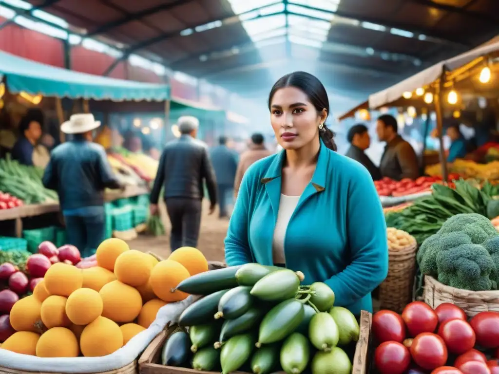 Un mercado uruguayo vibrante que fusiona tendencias globales con tradiciones locales, mostrando coloridas frutas y artesanías