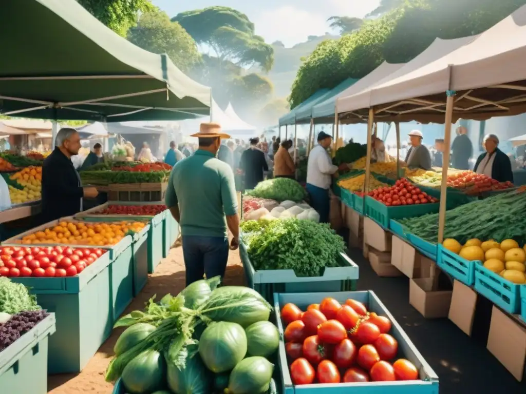 Un mercado vegano en Uruguay rebosante de coloridas frutas y verduras frescas, creando un ambiente comunitario y sostenible