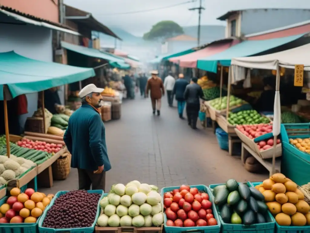 Un mercado vegano en Uruguay rebosante de frutas y verduras coloridas, con una atmósfera de comunidad y sostenibilidad