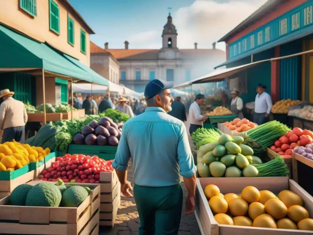 Un mercado agrícola vibrante en Uruguay, con colores frescos y productos locales bajo el cálido sol