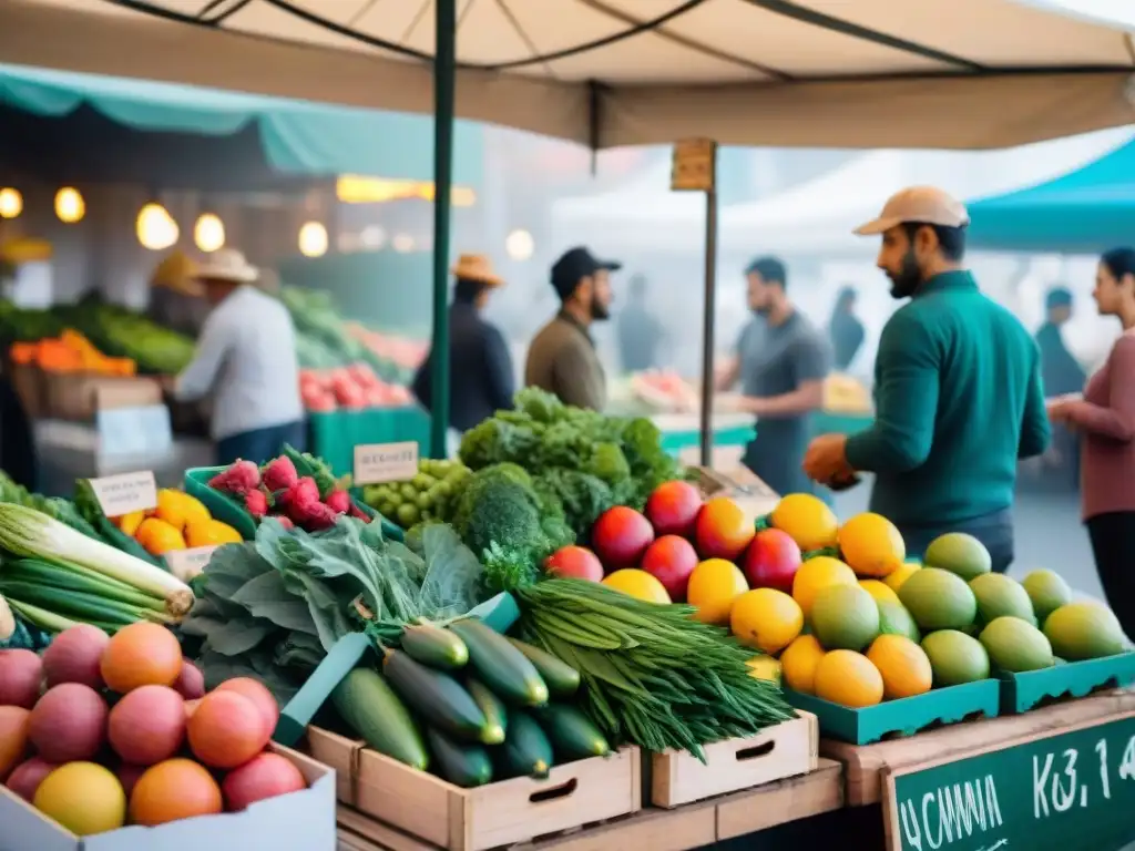 Un mercado vibrante y concurrido en Montevideo, Uruguay, exhibiendo coloridas frutas, verduras y hierbas frescas