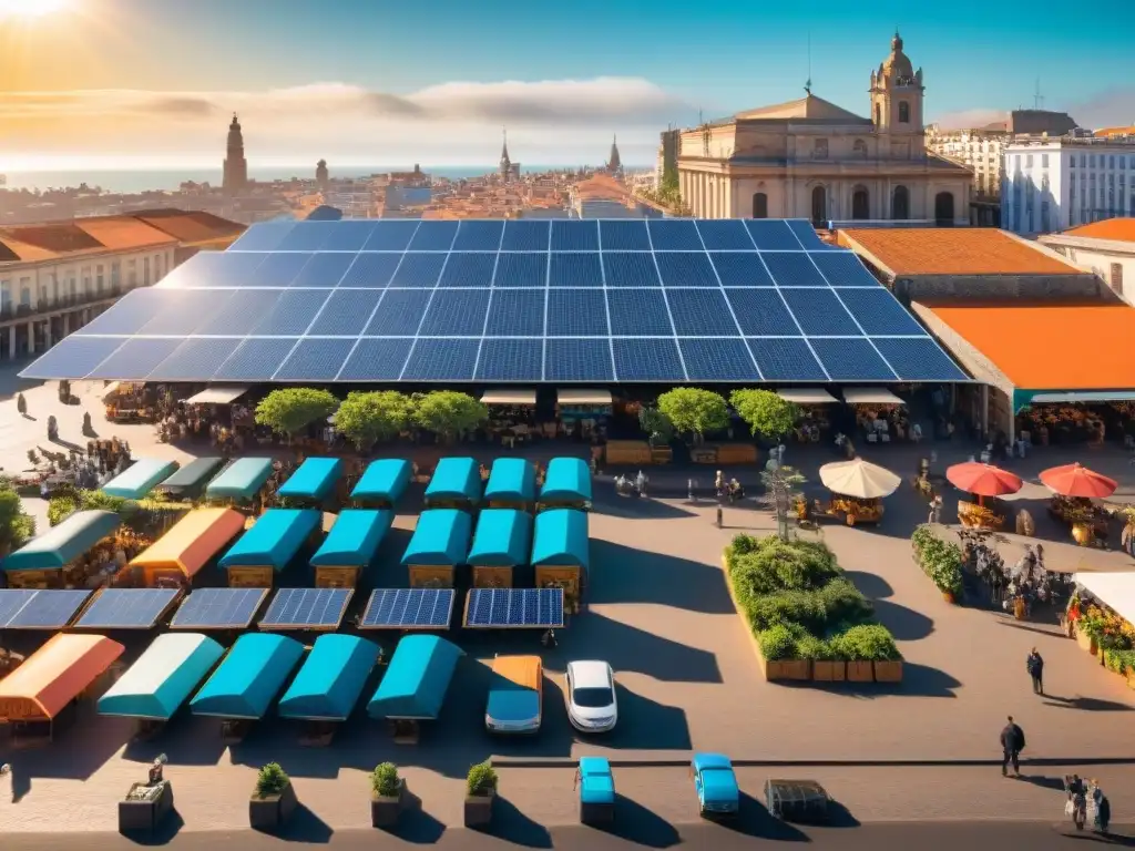 Un mercado vibrante en Montevideo con dispositivos energía solar portátiles en uso, reflejando la practicidad y accesibilidad en Uruguay