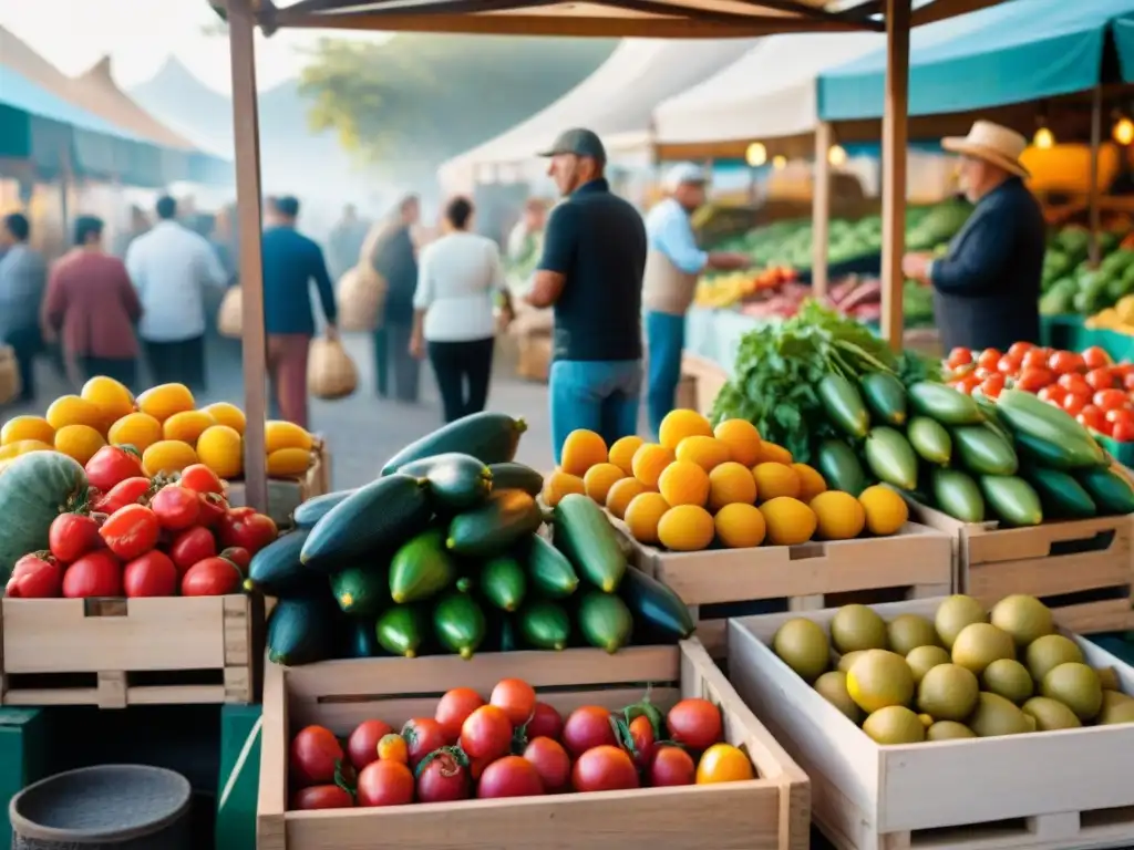 Un mercado vibrante en Uruguay con frutas y verduras locales coloridas, talleres cocina vegetariana Uruguay