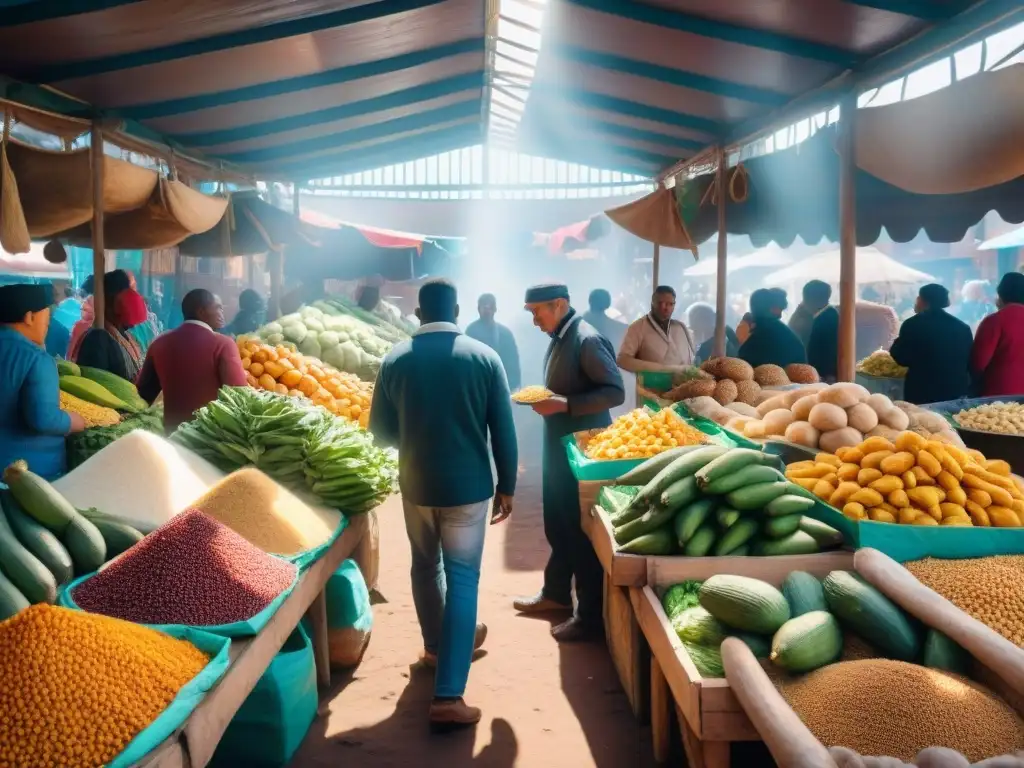 Un mercado vibrante en Montevideo con ingredientes africanos y uruguayos, reflejando la cocina afrouruguaya recetas tradicionales