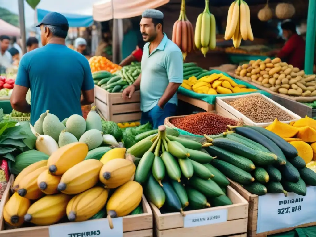 Un mercado vibrante en Montevideo, Uruguay, con ingredientes frescos y coloridos de la cocina afrouruguaya auténtica y deliciosa