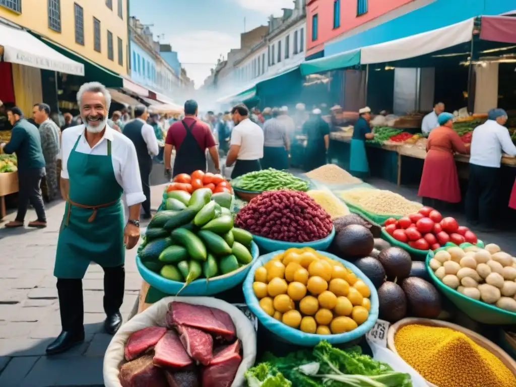 Un mercado vibrante en Montevideo, Uruguay, con puestos de comida coloridos y gente disfrutando de platos tradicionales uruguayos