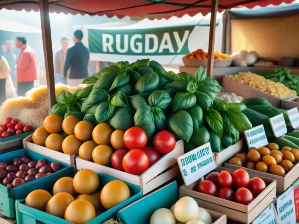 Un mercado vibrante en Uruguay con puestos de productos frescos y artesanales