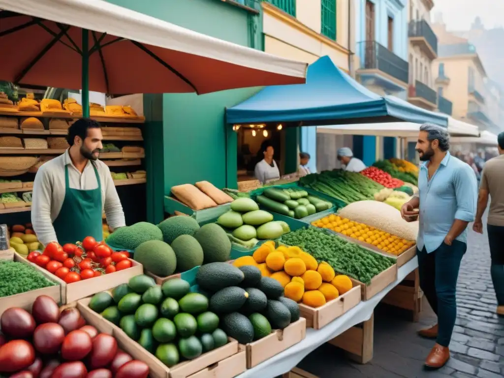 Un mercado vibrante en Montevideo, Uruguay, con puestos rebosantes de productos frescos y coloridos