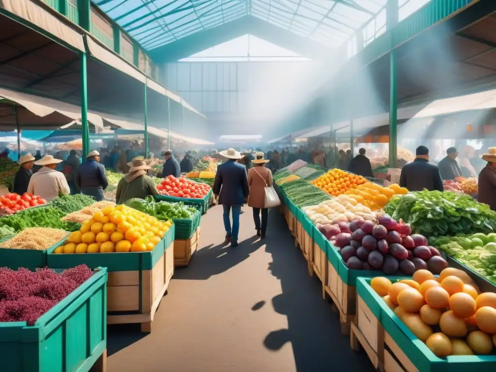 Un mercado agrícola Montevideo gastronomía rebosante de vida y color, con frutas y verduras frescas y clientes curiosos