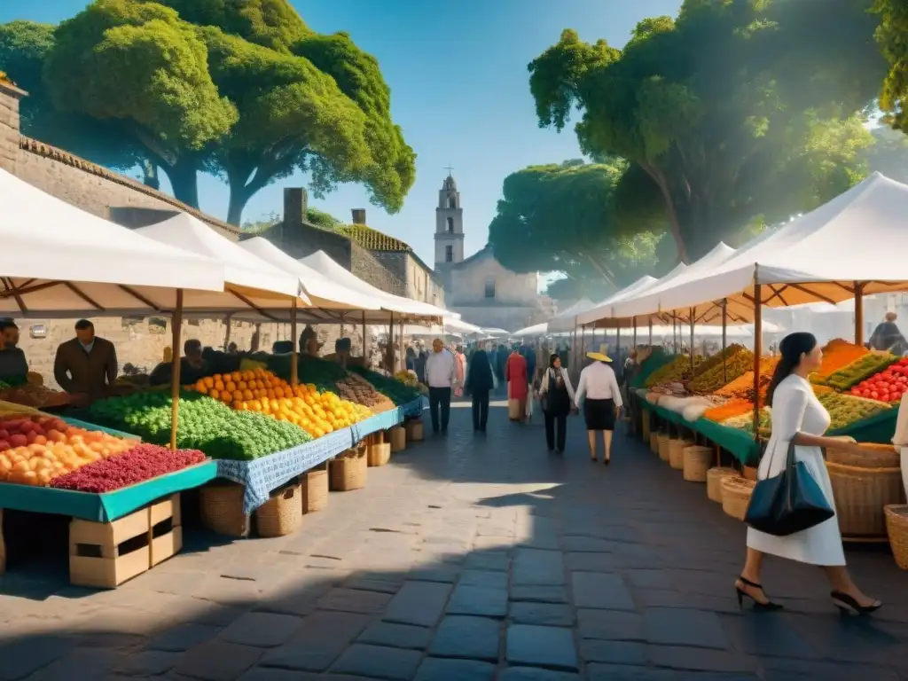 Mercados en Colonia del Sacramento: Un bullicioso mercado con puestos vibrantes y coloridos bajo el cálido sol de la tarde