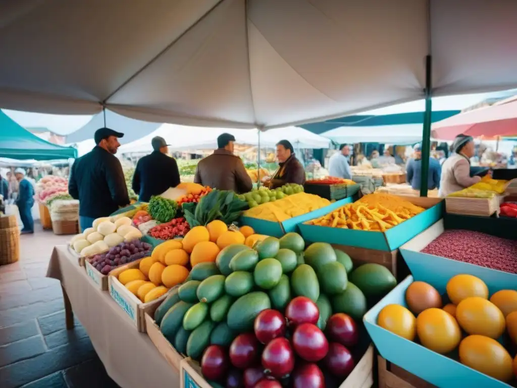 Mercado gourmet en Uruguay: colores, sabores y vida Mercados gourmet en Uruguay: Animado mercado con puestos coloridos rebosantes de productos frescos y clientes curiosos