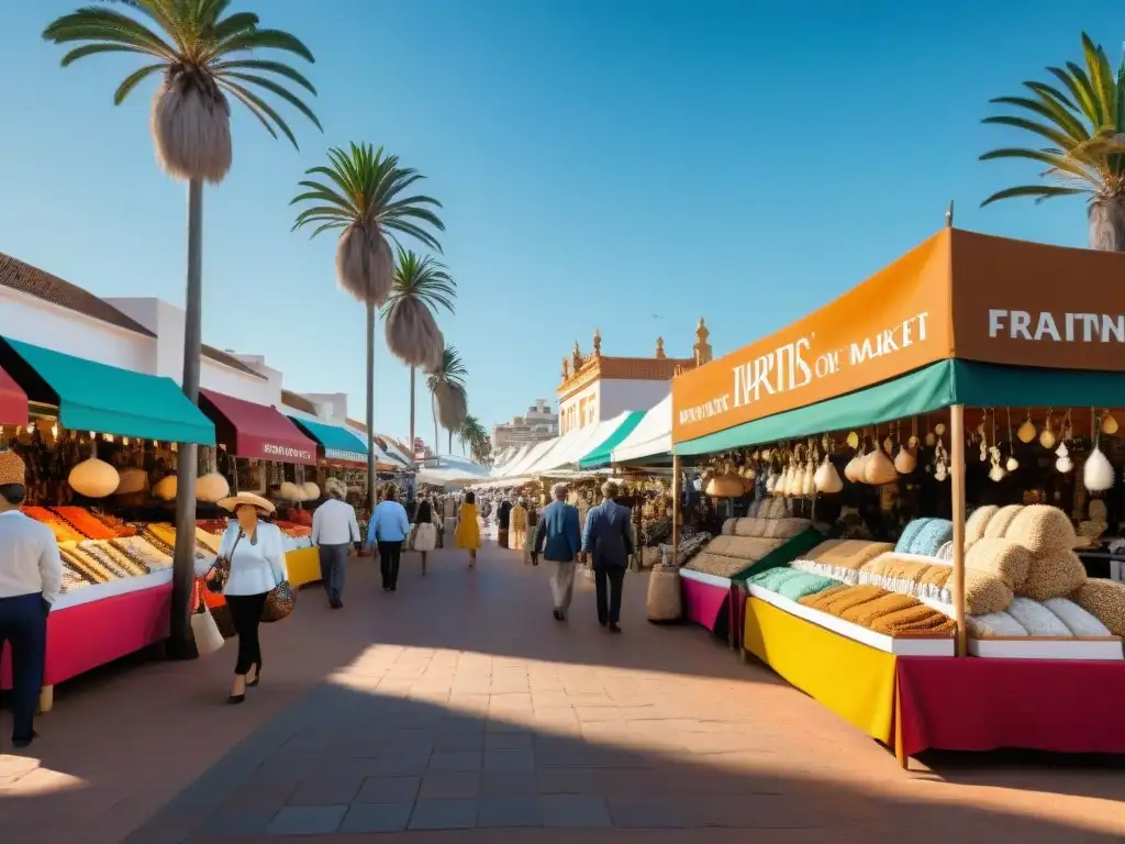 Mercados de Punta del Este lujo: Escena vibrante con productos artesanales, elegantes puestos y compradores adinerados bajo el cálido sol