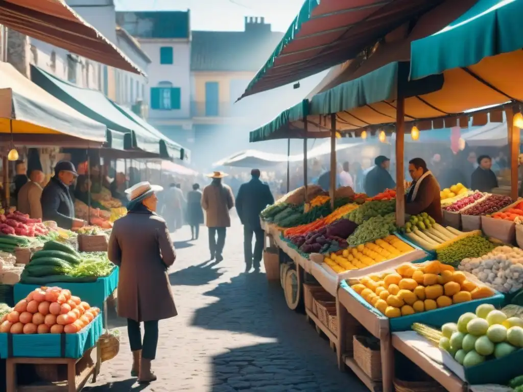 Mercados tradicionales en Uruguay: Escena vibrante de un mercado tradicional con puestos coloridos y ambiente animado