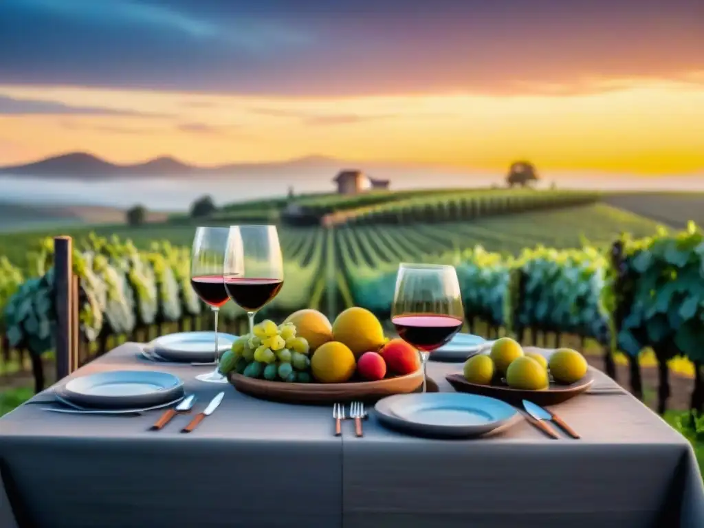 Cena de lujo en viñedos uruguayos al atardecer Una mesa de cena elegante en viñedos uruguayos al atardecer, con vinos locales y frutas frescas