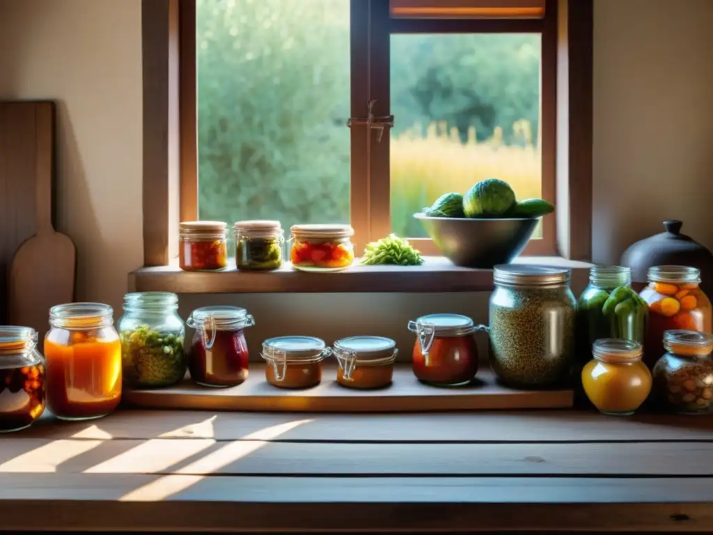 Una mesa de cocina uruguaya tradicional rebosante de tarros de chucrut y kimchi caseros, iluminada por el cálido sol