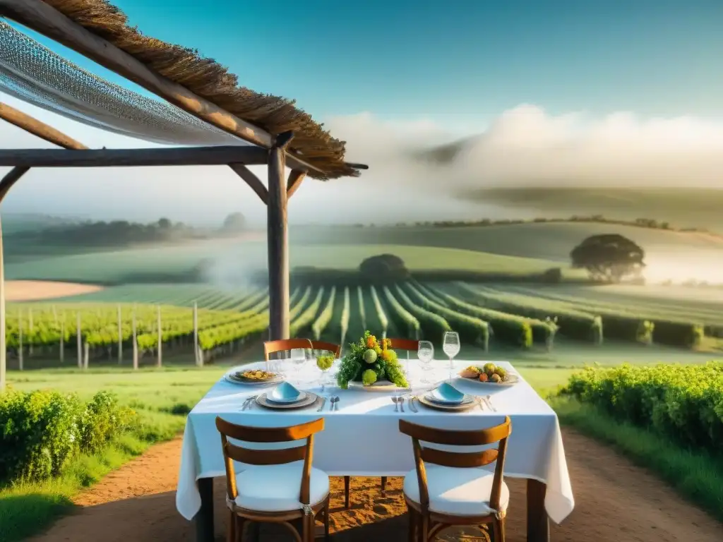 Mesa de comedor de lujo al aire libre en el campo uruguayo, con vajilla fina y delicias gourmet