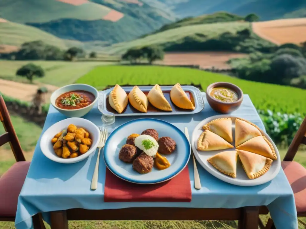 Una mesa de comedor rural uruguaya con auténtica gastronomía rodeada de un paisaje pintoresco