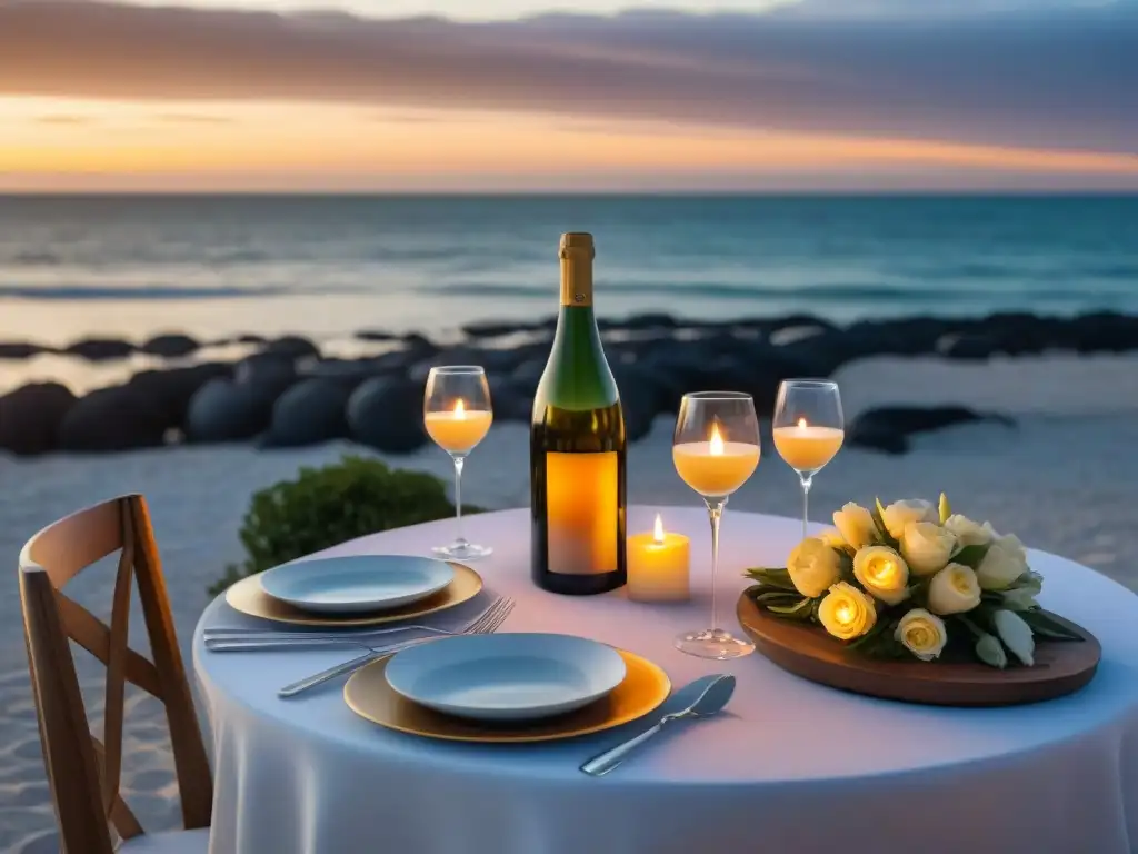 Una mesa elegantemente decorada para una cena romántica en la playa de Uruguay al atardecer