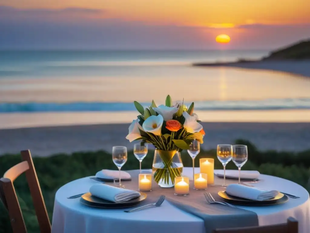 Una mesa elegante para una cena romántica en la playa de Punta del Este, Uruguay