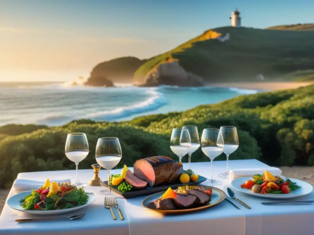 Una mesa elegante en la costa uruguaya con parrilladas de lujo, disfrutando de una vista espectacular al atardecer