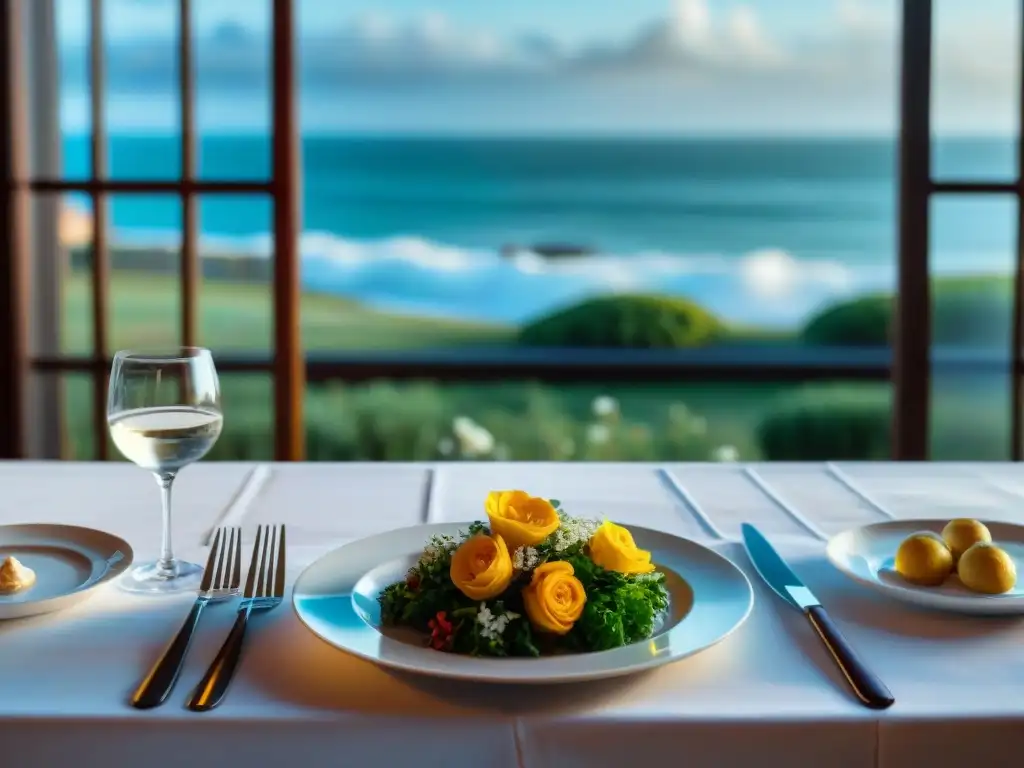 Una mesa elegante en Parador La Huella en José Ignacio, Uruguay, con cubiertos finos y vista al mar