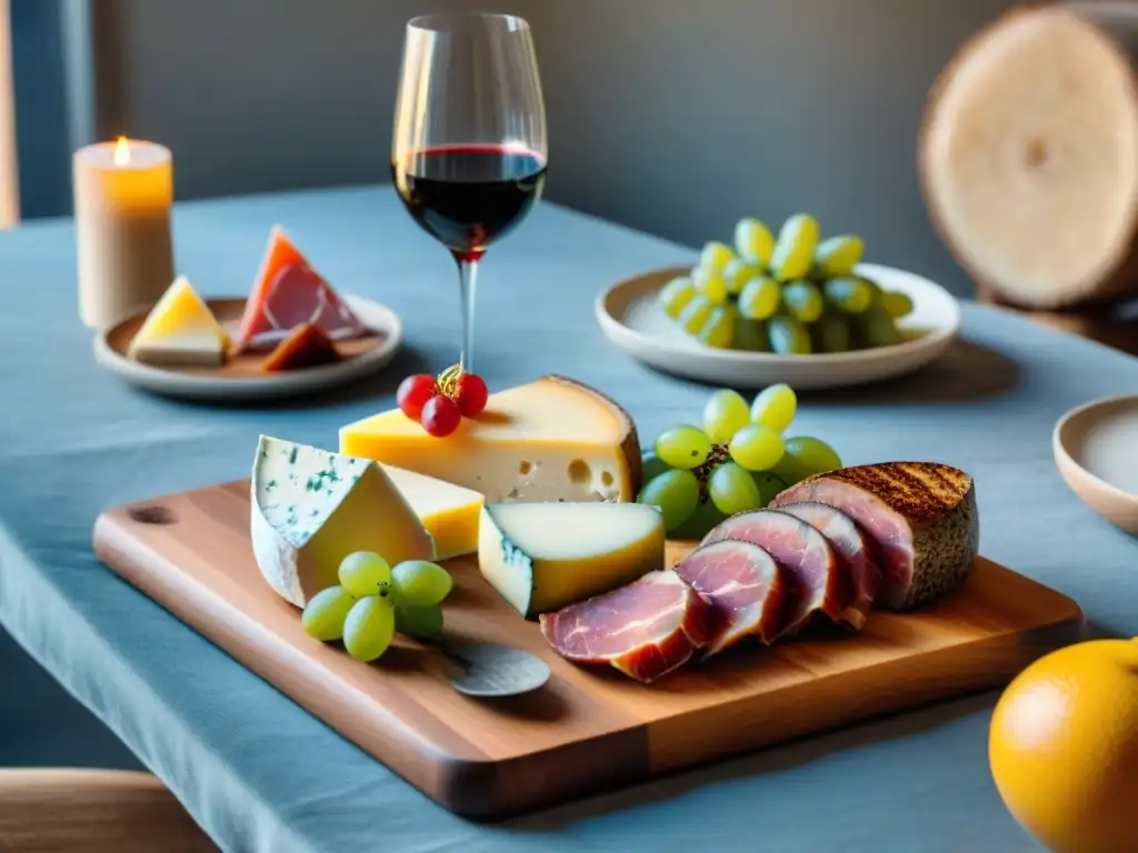 Una mesa elegante con vino uruguayo y delicatessen, ideal para un maridaje vino uruguayo principiantes