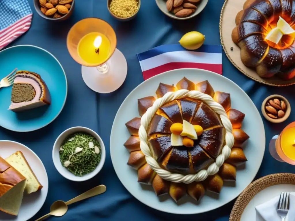 Una mesa festiva en Uruguay con platos típicos durante las festividades, rodeada de gente alegre