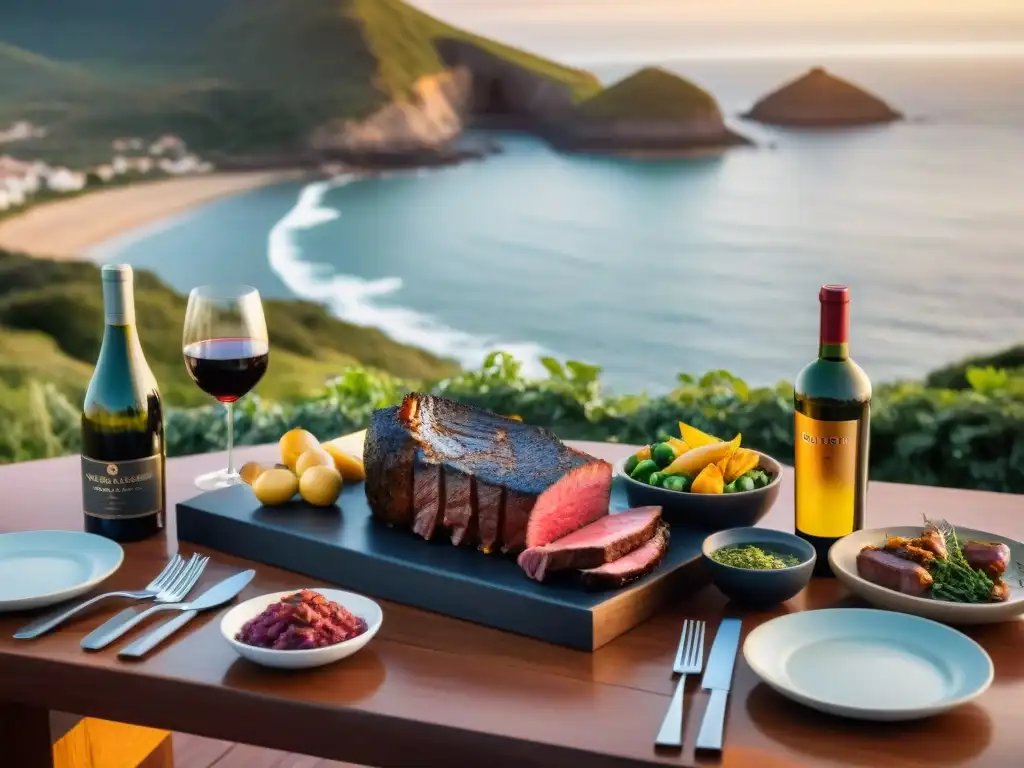 Una mesa de lujo en la costa uruguaya al atardecer, lista para una parrillada con cortes de carne, chimichurri y vino Tannat