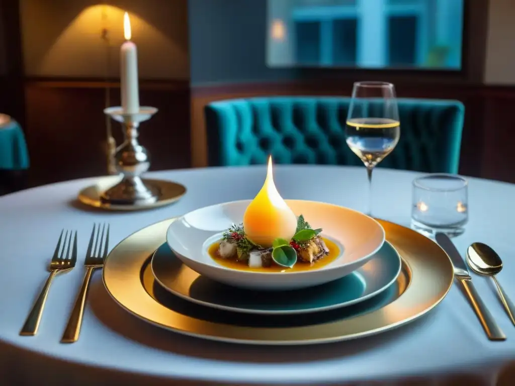 Una mesa de lujo en un restaurante de Uruguay, con cubiertos, copas de cristal y arreglos florales elegantes bajo luz de velas