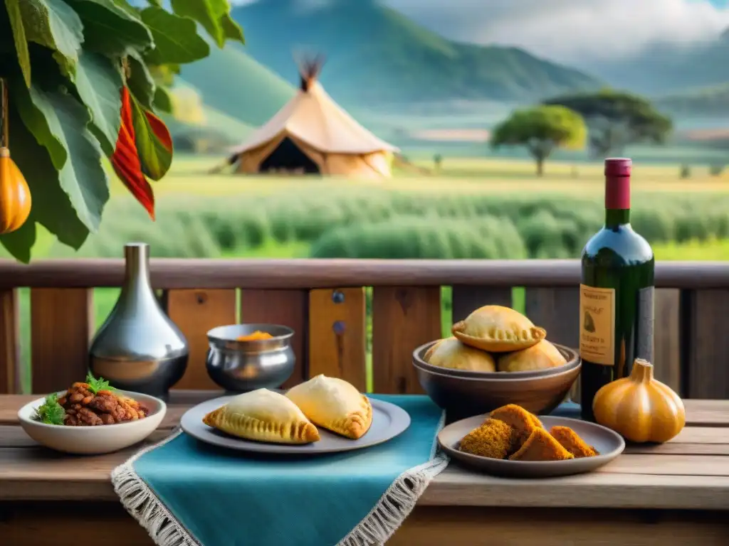 Una mesa de madera rústica en el campo de Uruguay, con asado, empanadas y mate