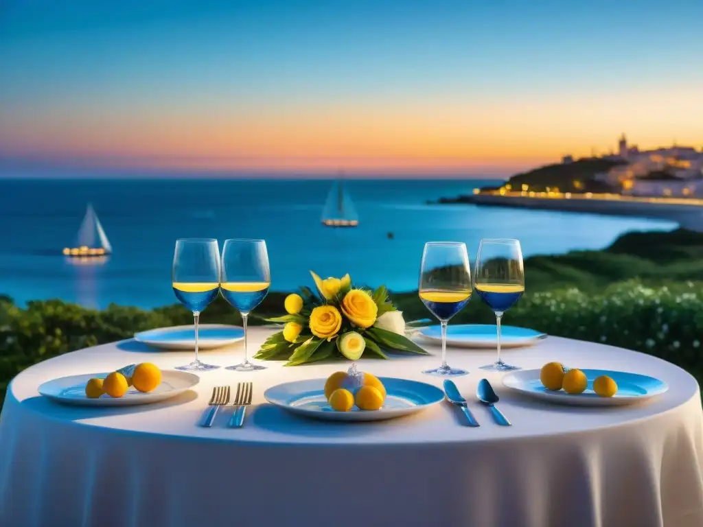 Una mesa exquisitamente preparada en un lujoso hotel de Uruguay, con menús exclusivos y vistas al mar al atardecer