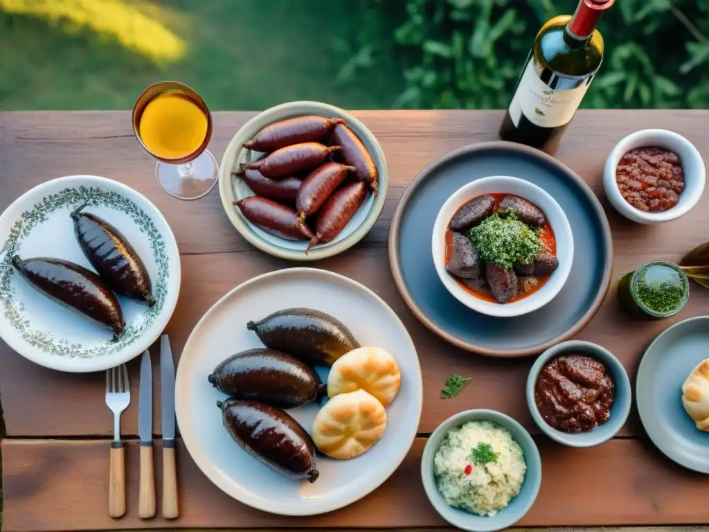 Una mesa rústica en el campo uruguayo con asado, empanadas y chimichurri, rodeada de vino y cubiertos de plata