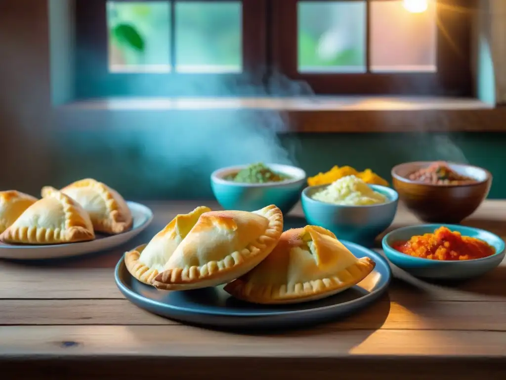 Una mesa rústica de cocina uruguaya con empanadas recién horneadas y bebidas tradicionales