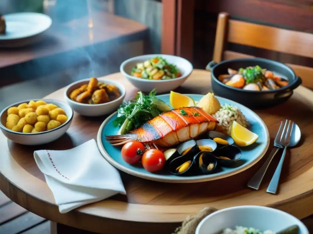 Una mesa rústica con delicias culinarias uruguayas en un restaurante acogedor