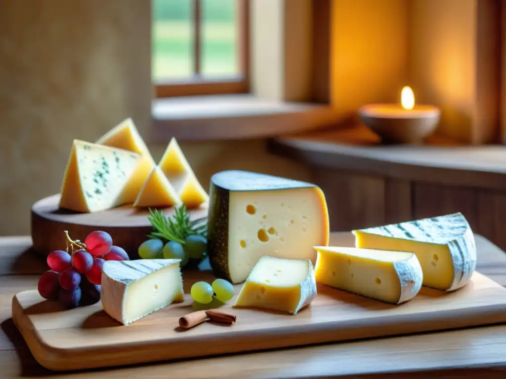 Una mesa rústica con quesos artesanales uruguayos, uvas rojas y baguette