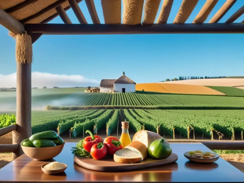 Una mesa rústica rebosante de productos frescos en una granja uruguaya, reflejando la riqueza de la gastronomía rural Uruguay