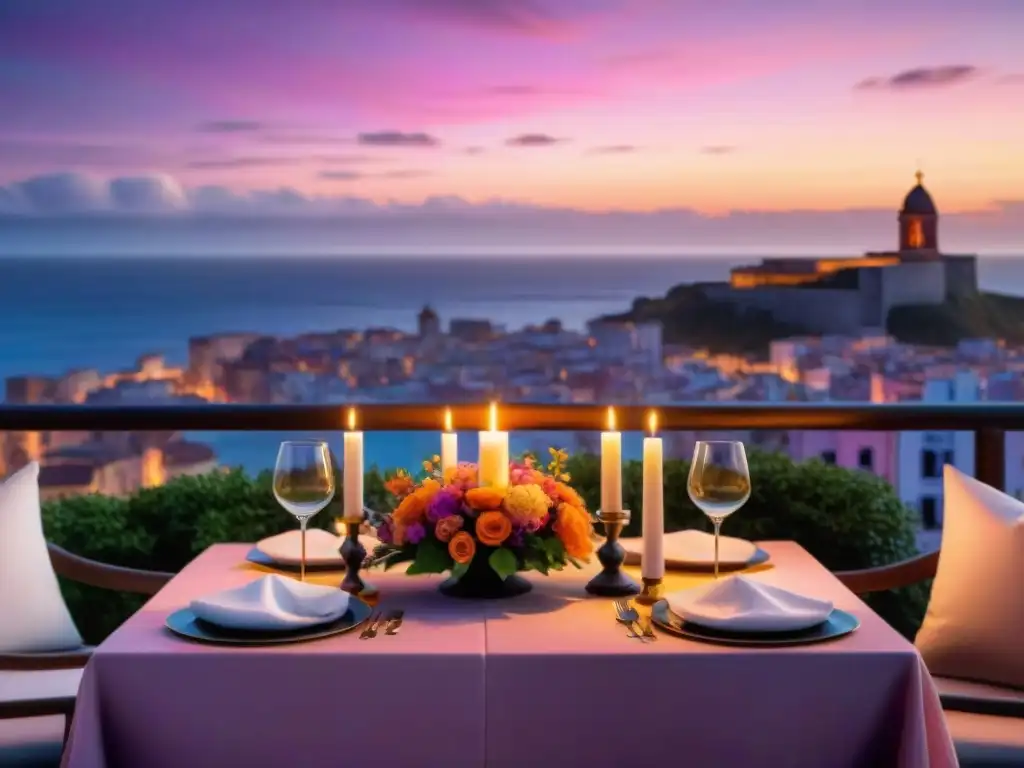 Una mesa para dos en una terraza al atardecer en Montevideo, con velas y flores