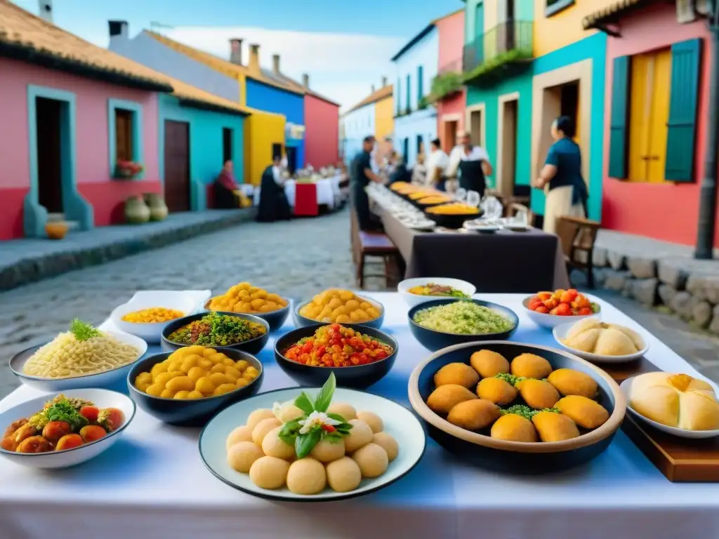 Mesas llenas de delicias de varios países en el Festival Gastronómico de Colonia, Uruguay