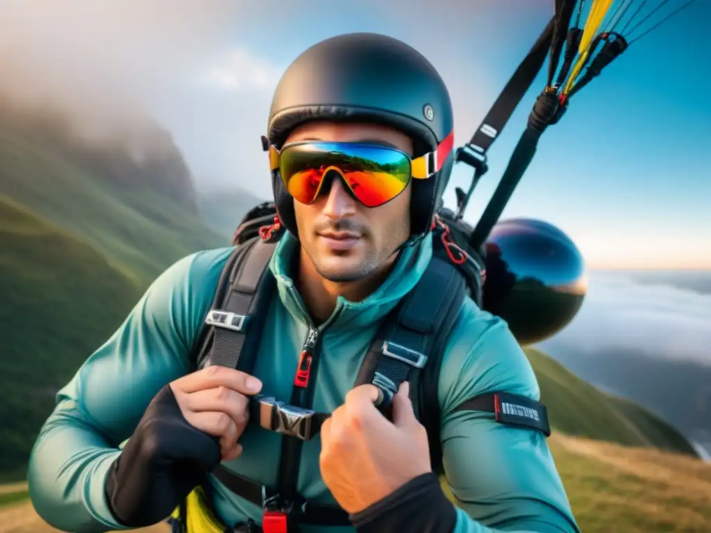 Preparación meticulosa de un parapentista antes del despegue, resaltando la importancia de la seguridad en deportes aéreos en Uruguay