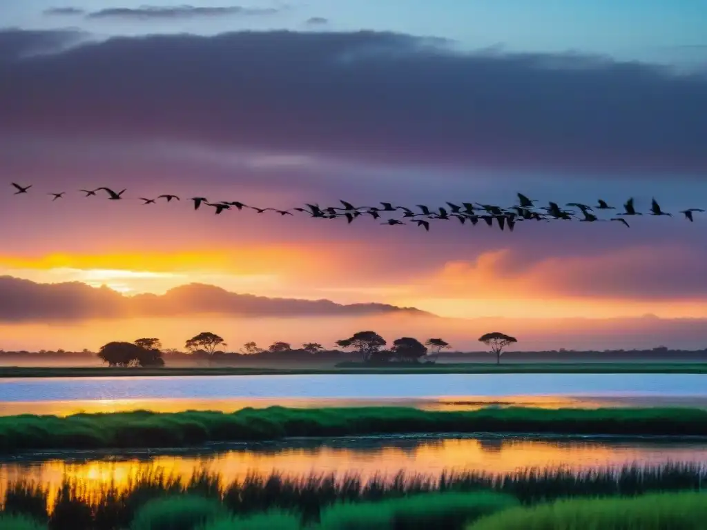 Migración de aves en la naturaleza de Uruguay al atardecer con un paisaje impresionante