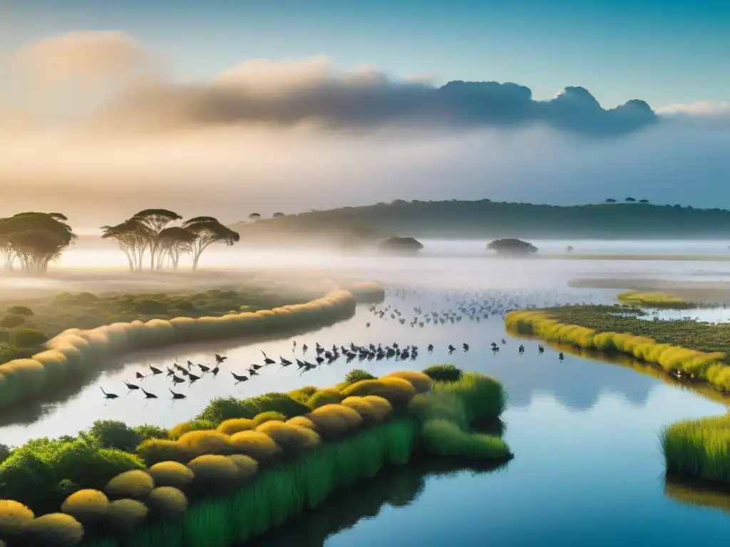 Migración de aves en la naturaleza de Uruguay: majestuoso amanecer en humedal con bandadas al vuelo