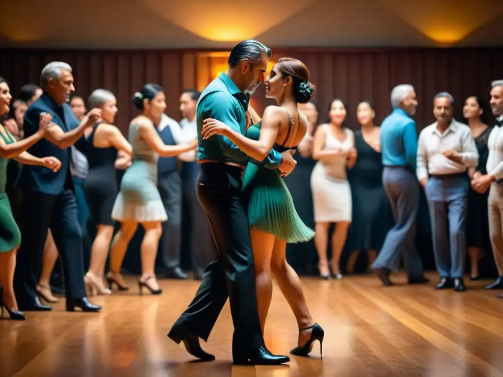 Milonga llena en Uruguay, parejas de todas las edades bailando tango con pasión