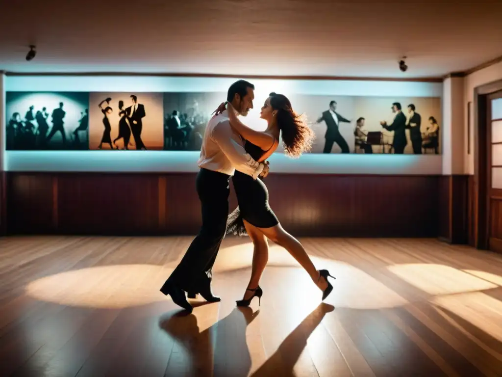 Una milonga en Montevideo, Uruguay, con parejas bailando tango apasionadamente en un salón elegante