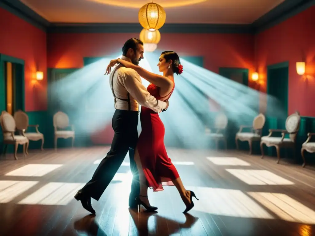 Una milonga tradicional en Montevideo, Uruguay, con bailarines de tango uruguayo en un ambiente nostálgico y auténtico