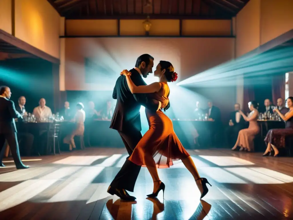 Una milonga tradicional en Montevideo, Uruguay, con una pareja de bailarines de tango en un abrazo apasionado